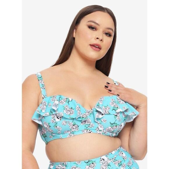 Turquoise Skull Rose Ruffle Bandeau Swim Top Plus Size 3 - Picture 1 of 8